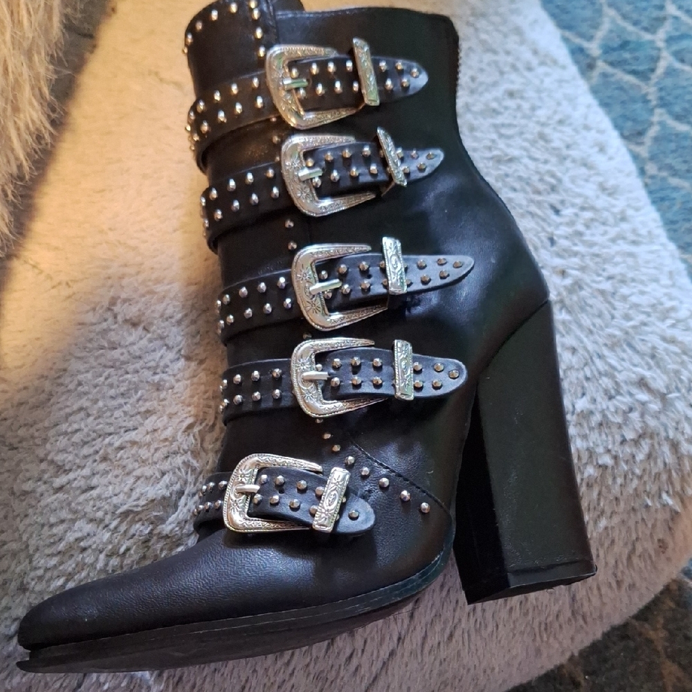 Black Studded Buckle Ankle Boots